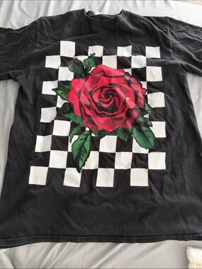 Black Tee with Red Rose & White Checker Graphic